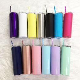 20oz Stainless Steel Skinny Tumbler With Lid Straw Skinny Cup Wine Tumblers Mugs Double Wall Vacuum Insulated Cup Water Bottle 201029