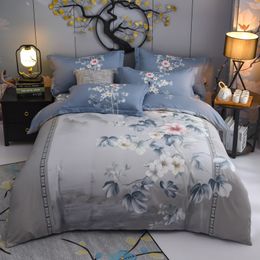 Vintage Shabby Blossom Flowers Gray Duvet Cover 100%Cotton Soft Bedding set Quilt Cover Bed Sheet Pillowcases Queen King size T200706