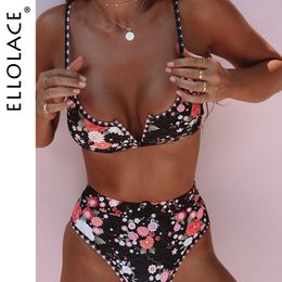 Ellolace Flower Print Swimsuit Female Bikini Black Swimwear Women Swim Suit Bikinis 2020 Fashion Bathing Suit Swimming Suit T200708