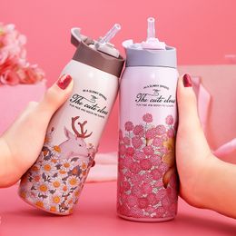 Thermal Flask With Straw Stainless Steel Sport Insulation Cup 350ml 450ml Portable Water Bottle Vacuum Mug With Tube Brush Y200106