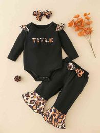Baby Letter And Leopard Print Bodysuit & Flare Leg Pants With Headband SHE