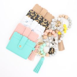 Silicone Bead PU Bracelet Card Holder Purse Leopard Print Tassel Wallet Leather Keychain WXY236