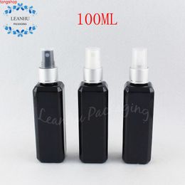 100ML Black Square Plastic Bottle With Silver Spray Pump , 100CC Empty Cosmetic Container Toner / Water Sub-bottlinggood qualtity