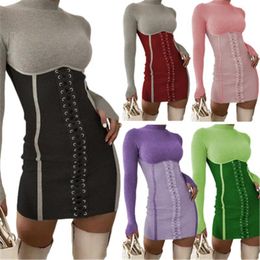 Womens Bandage Sexy Dress Fashion Trend Long Sleeve Stand-up Collar Tops Short Skirt Designer Female Spring New High Waist Casual Slim Dress