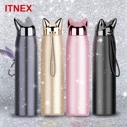 cat thermal Canada - 320ml 11oz Double Wall Thermos Water Bottle Stainless Steel Vacuum Flasks Cute Cat Fox Ear Thermal Coffee Tea Milk Travel Mug Y200106