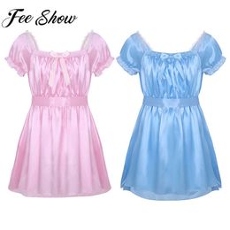 Mens Sexy Costumes Lingerie Plus Size Short Sleeve Shiny Soft Satin Crossdress Lingerie Dress For Male Sissy Lace Nightwear J190614