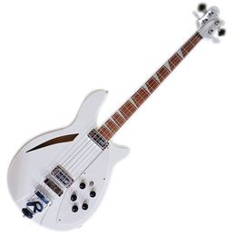 White 4 Strings Semi-hollow Electric Bass Guitar with Rosewood Fingerboard,White Pickguard,Customizable