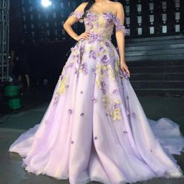 Sweety Off Shoulder Lavender 3D Flowers Prom Dresses Court Train Appliques Gold Lace Beads Spring Autumn Colorful Long Formal Evening Gowns