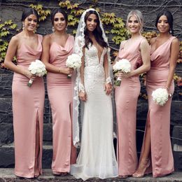 Pink Simple Bridesmaid Dresses Mermaid Elastic Satin Spaghetti Straps Ruffles Pleats Side Slit Custom Made Maid of Honor Gowns V48