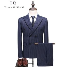 TIAN QIONG Mens Double Breasted Suit Slim Fit Vertical Striped Suit Men 5XL Plus Size Luxury Wedding Suits Formal Wear 201106