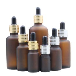 Frost Brown Glass Refillable Bottle Black Rubber Top Sand Gold Silver Ring Empty Cosmetic Packaging Essential Oil Pipette Vials 5ML 10ML15ML 20ML 30ML 50ML 100ML