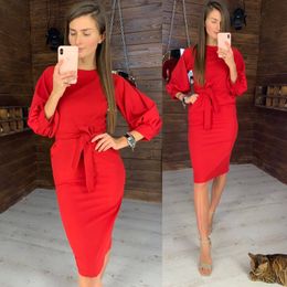 Women Vintage Knit Dress Lantern Sleeve Sashes Party Dress Long Sleeve O neck Solid Sheath Elegant Casual Dress 121610