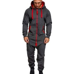 2020 Mens Pure Colour Splicing Jumpsuit Men Garment Pyjama Playsuit Zipper Hoodie Male Onesie Jumpsuits Overalls Hombre LJ201126