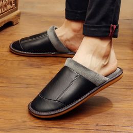 Men's Slippers Genuine Leather Winter Waterproof Warm Home Slipper Male Couple Platform Indoor House Shoes for Husband Gift