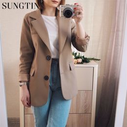 Sungtin New Spring Women Blazer Jacket Casual Khaki Work Suit Coat Office Lady Fashion Pockets Long Sleeve Slim Blazers Female 201023