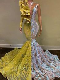 Contrast Color Yellow Mermaid Prom Dresses for Black Girls Long Sleeve Ruffles Sequin African Evening Dress Graduation Gala Gown CG001