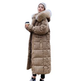 winter plaid pattern X-long hooded parkas women fur collar Korean style thick casual warm coat outwear feminina 201029