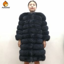 100% Natural Real Fox Fur Coat Women Winter Genuine Vest Waistcoat Thick Warm Long Jacket With Sleeve Outwear Overcoat plus size 201212