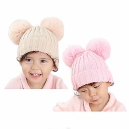 Baby Kids Chunky Crochet Knitted Hat Solid Colour Warm Cuffed Beanie Cap with Cute Big Fluffy Plush Pompom