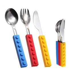 Creative Colourful Silicone Handle Stainless Steel Dinnerware Sets Cartoon Portable Travel Cutlery Knife Fork Spoon Picnic Gift for Child