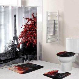 3pcs/Set Eiffel Tower France Print Shower Curtain Waterproof Bathroom Curtain Toilet Cover Mat Non-Slip Rug Set Bathtub Decor LJ201130