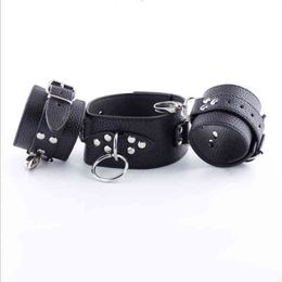 NXY Sex Adult Toy Sodandy Black Slave Collar Hand Cuffs Pu Leather Handcuffs Set Bdsm s Bondage Suit Fetish for Woman Couples1216