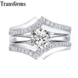 Transgems 10K White Gold Main 1ct 6.5mm F Colour Moissantie Diamond Engagement Ring Set for Women Wedding Interlocking 2 Piece Y200620