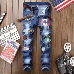 Men's Jeans 2C European And American Slim Straight Tube Elastic Stick Badge Hole Fashion Foreign Trade Pants 1806#1