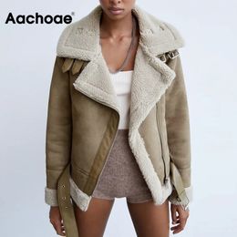 Aachoae Women Fashion Faux Leather And Lamb Fur Jacket Coat Zipper Long Sleeve Thick Warm Coats With Belt Winter Outerwear 201112