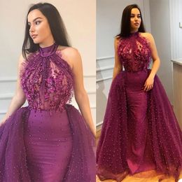 Elegant Evening Dresses Halter Neck Lace Appliques Beads Prom Gowns 2021 Custom Made Detachable Train Mermaid Special Occasion Dress