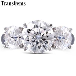 TransGems 14K White Gold 5CTW Center 3ct 9mm and Side 1ct 6.5mm F Color Moissanite 3 Stone Engagement Ring for Women Wedding Y200620