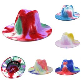 Tie dye Jazz Formal Hat Lady Felt Fedora Hats fashion British styles wide Brim caps Unisex Trilby Chapeau for Men Women