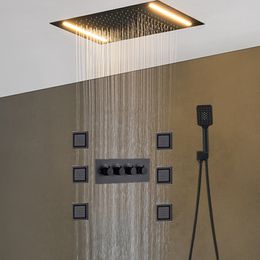 2020 Matte black shower set led rainfall recessed ceiling big shower head 360 x 500 mm thermostatic high flow 3 ways mixer massage body jets