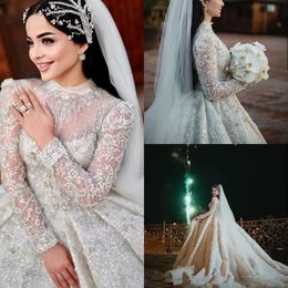 Arabic Luxurious Wedding Dresses Plus Size Crystal Sequined Bridal Gowns Lace Appliques Heavy Beading Robes De Mariée