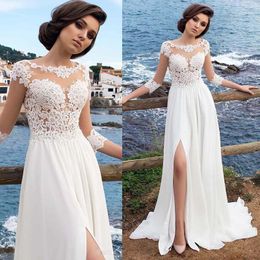 Summer Long Boho Beach Wedding Dresses A Line Cheap Lace Chiffon Bridal Gowns Sexy Side Slit Illusion Sleeve Appliqued Country Vestidos