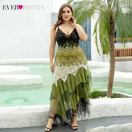 Plus Size Evening Dresses Ever Pretty Asymmetrical Spaghetti Straps V-Neck Sequined Lace Formal Party Gowns Vestido 2020 LJ201119