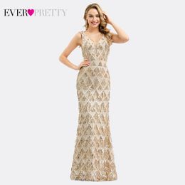 Luxury Evening Dresses Long Ever Pretty 0821 V-Neck Tassel Sequined Sexy Rose Gold Mermaid Party Gown Robe De Soiree Sirene 2020 LJ201118