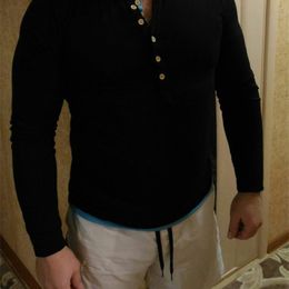 New Gray T Homme Double V Neck Henley Long Sleeve Tee shirt Men Slim Fit T-shirt Xxl 201203