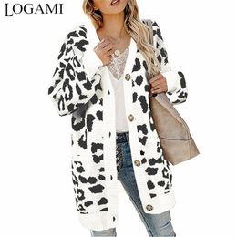 LOGAMI Vintage Leopard Women Long Cardigan Autumn Winter Casual Single Breasted Knitted Sweater Coat 201029