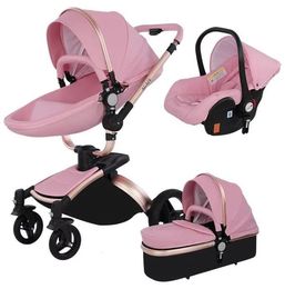 Strollers# High Quality Baby Stoller 3 In 1 Pram Landscape Fold PU Leather Kinderwagen Carriage Car Born Pushchair