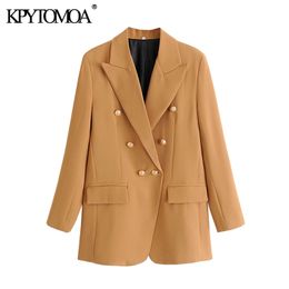 KPYTOMOA Women Fashion Office Wear Double Breasted Blazers Coat Vintage Long Sleeves Pockets Female Outerwear Chic Tops 201023