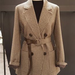 Spring and Autumn Korean Style Houndstooth Design Woollen Retro Small Suit plus Cotton Padded Lace-up Jacket Women's Shirt 201201
