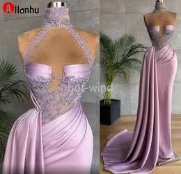 NEW! 2022 Sexy Aso Ebi Arabic Plus Size Lilac Lace Beaded Sheath Evening Dresses High Neck Pleats Prom Formal Party Second Reception Gowns Custom Made Xu