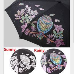 Cute Owl Three Folding UV-Protection Rain Travel Umbrellas Magic Changing Color After Water Pocket Umbrella Gift for Lovers 201130