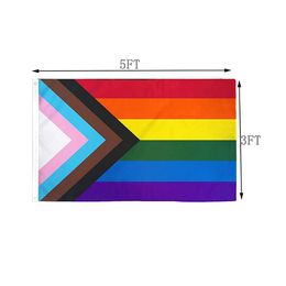 Progress Pride Rainbow Flags Bisexual LGBTQ Non Binary Lesbian Gay Transgender Prides 3x5FT 100D Polyester With Two Brass Grommets