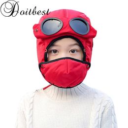Doitbest child hat Winter fur boy bomber hats Windproof Thick warm girls snow cap Face Mask goggles Earflap ushanka hat Y200110