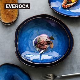 Ceramic Plate Irregular Tableware Series Western Food Plate European Blue Colour Glaze Salad Bowl Main Dish Kitchen Supplies 201217