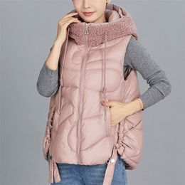 Women hooded vest jacket Autumn Winter casual padded warm Lamb wool hat solid sleeveless waistcoat jacket 201211