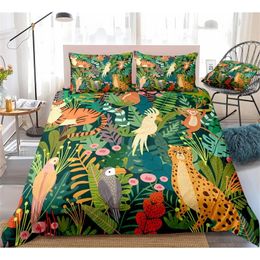 Wild Animals Bedding Tropical Plants Duvet Cover Set Parrot Monkey Pattern Palm Leaves Quilt Cover Queen Bed Set Kids Dropship 201021