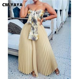 CM.YAYA Women Set Bandage Sleeveless Strapless Crop Tops Long Pleated Skirts Two 2 Piece Sets Sexy Fashion Outfits Summer 220302